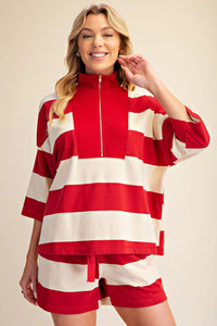 Front Zip Neck 3/4 Sleeve Pullover Stripe Short Set