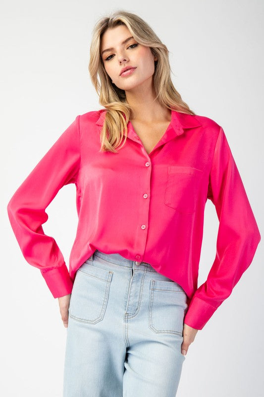 SOLID BUTTON DOWN LONG SLEEVE BLOUSE TOP