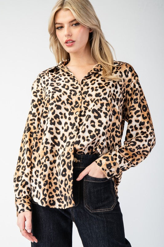 LEOPARD PRINTED BUTTON FRONT BLOUSE TOP