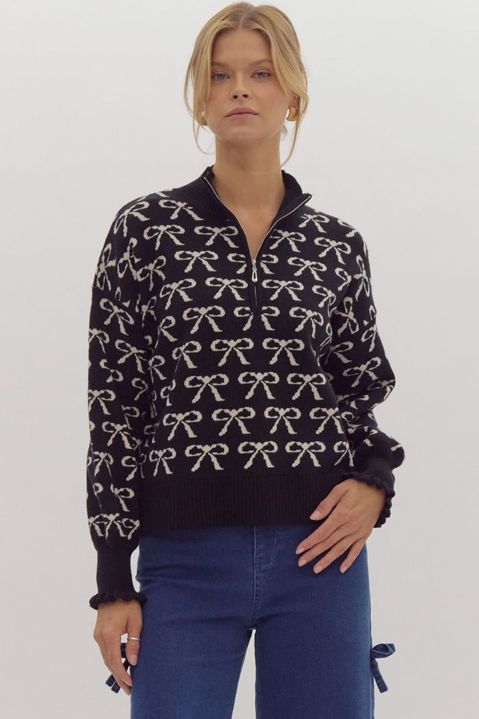 Bow pattern half-zip knit sweater top