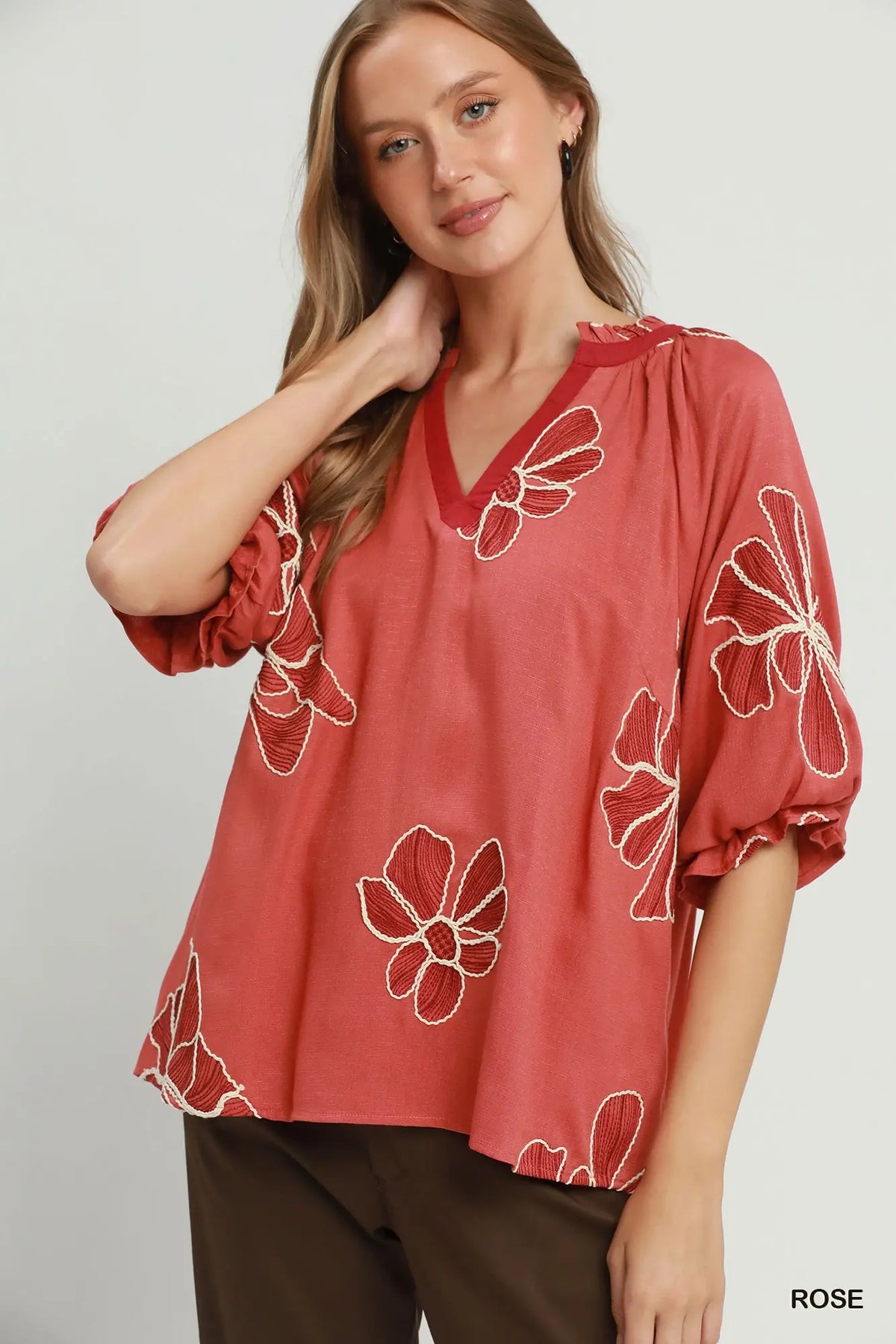 Floral Embroidered V-Neck Relaxed Top