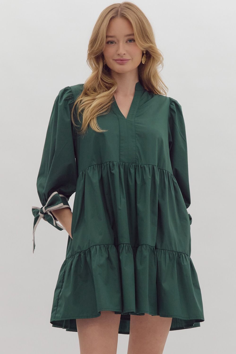 Solid 3/4 sleeve v neck tiered mini dress