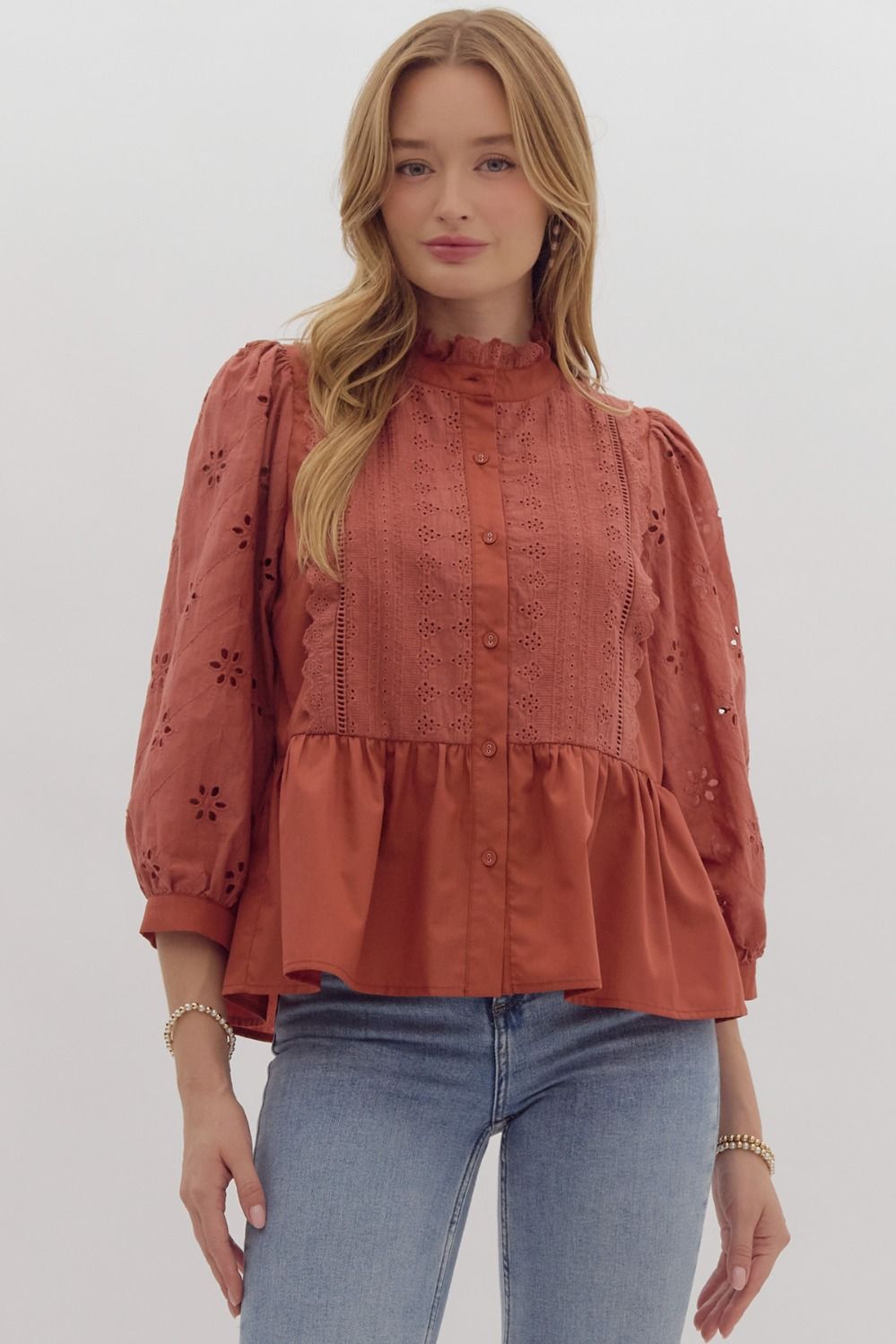 Eyelet lace 3/4 sleeve button up ruffled top