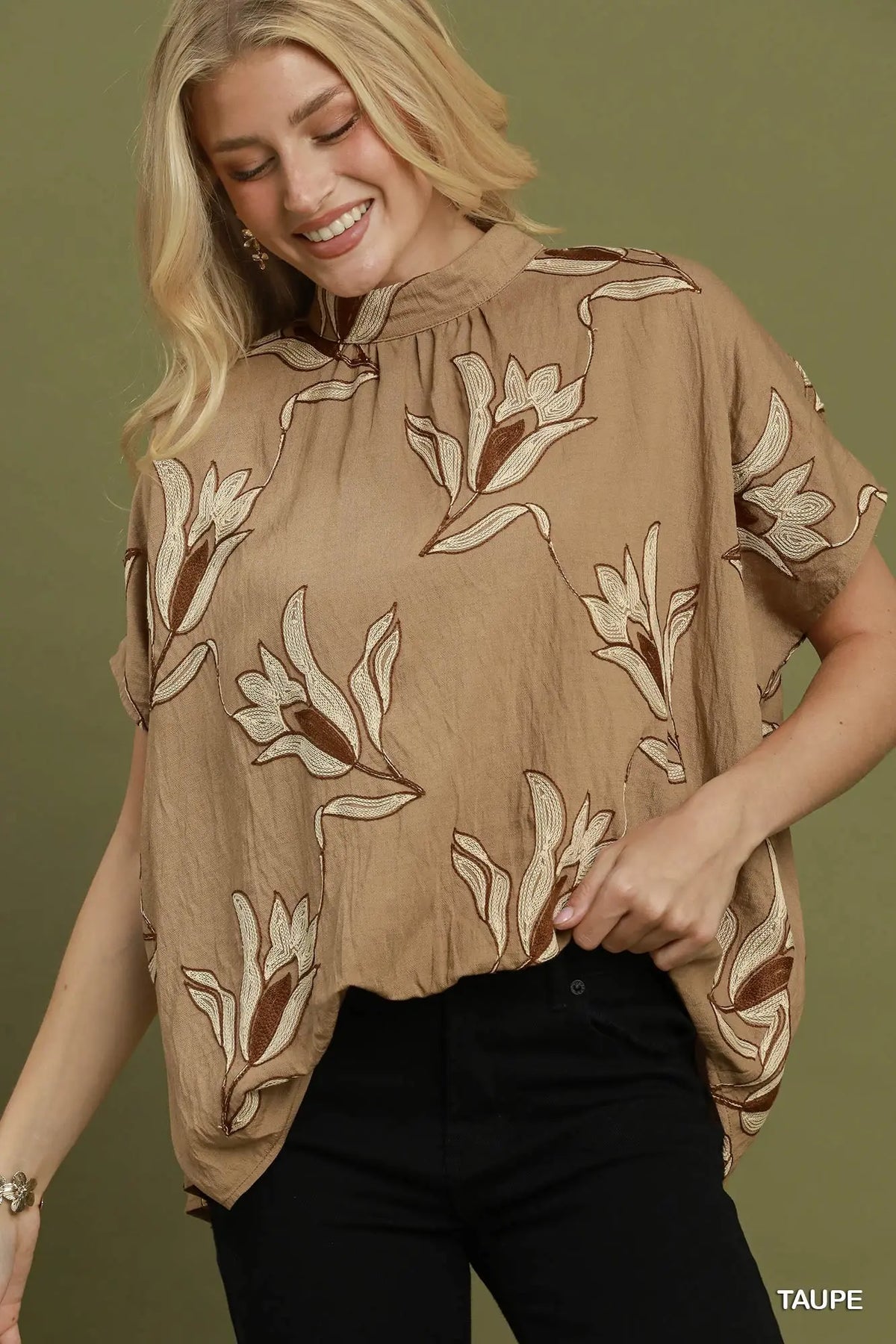 Embroidered Floral Mock Neck Dolman Sleeve Top