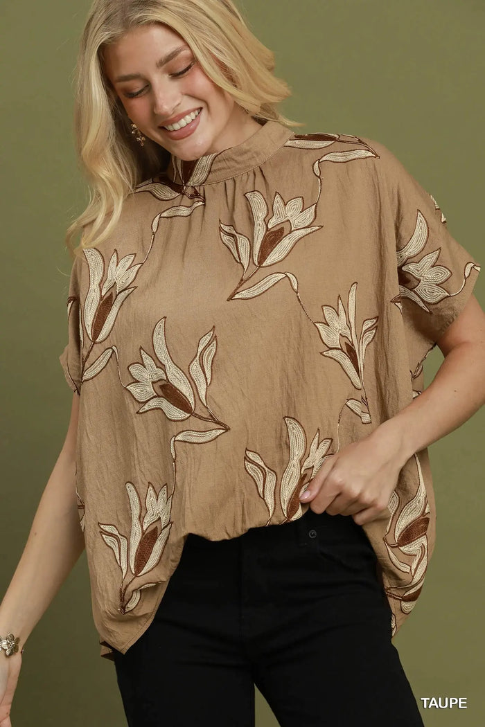 Embroidered Floral Mock Neck Dolman Sleeve Top
