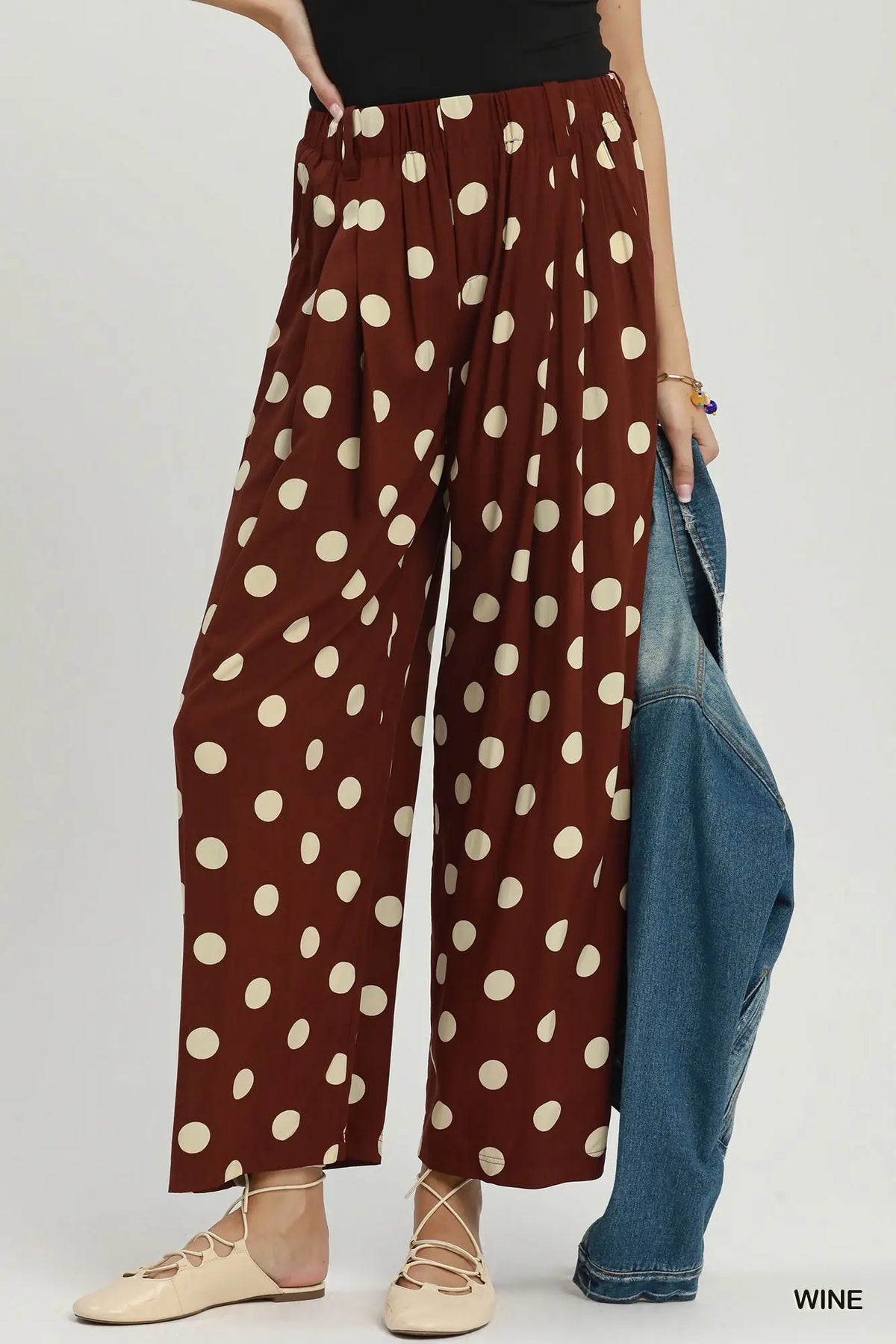 Wine Polka Dot Wide Leg Pull-On Pants