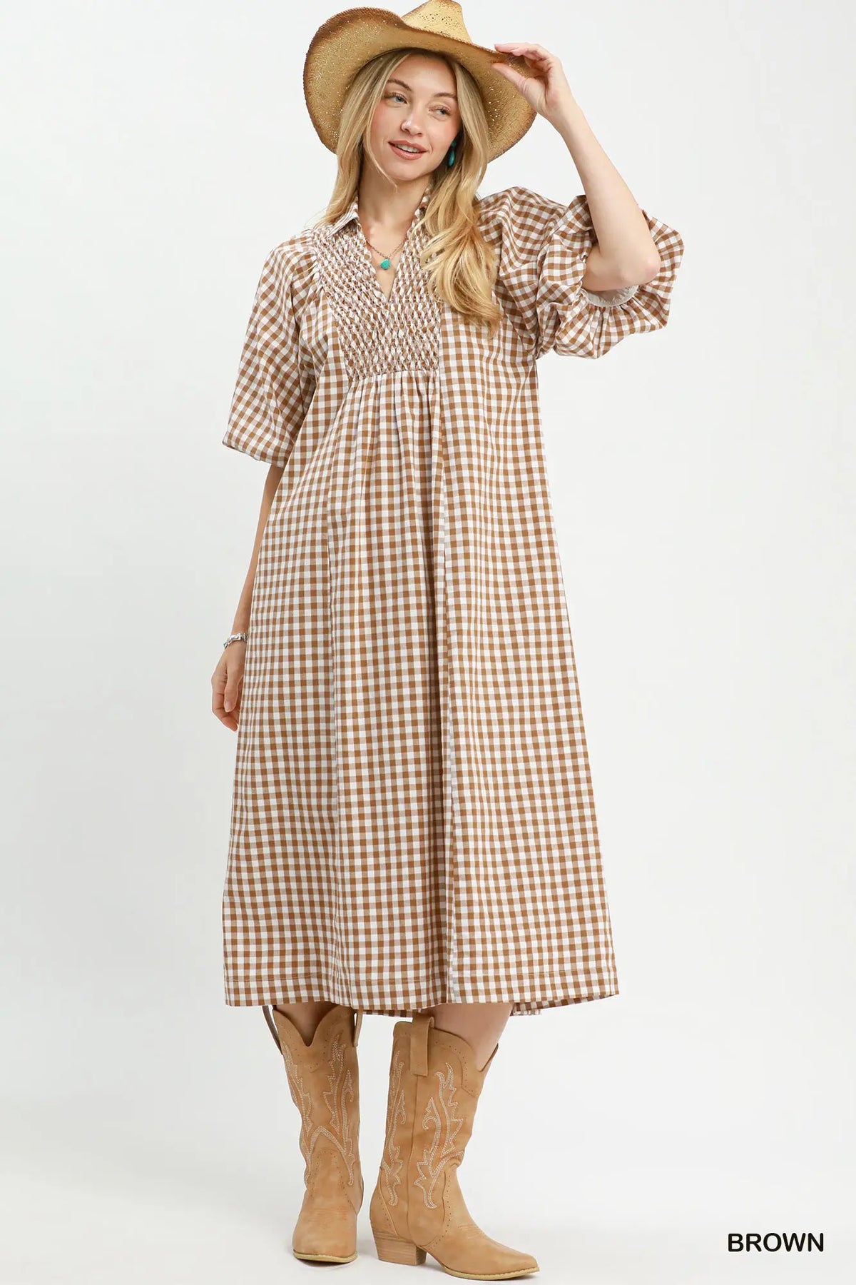 Puff Sleeve Plaid Midi Dress