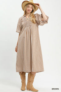Puff Sleeve Plaid Midi Dress