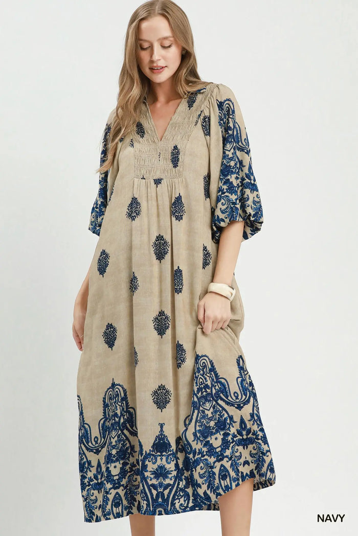 Border Print Smocked Detail Midi Dress