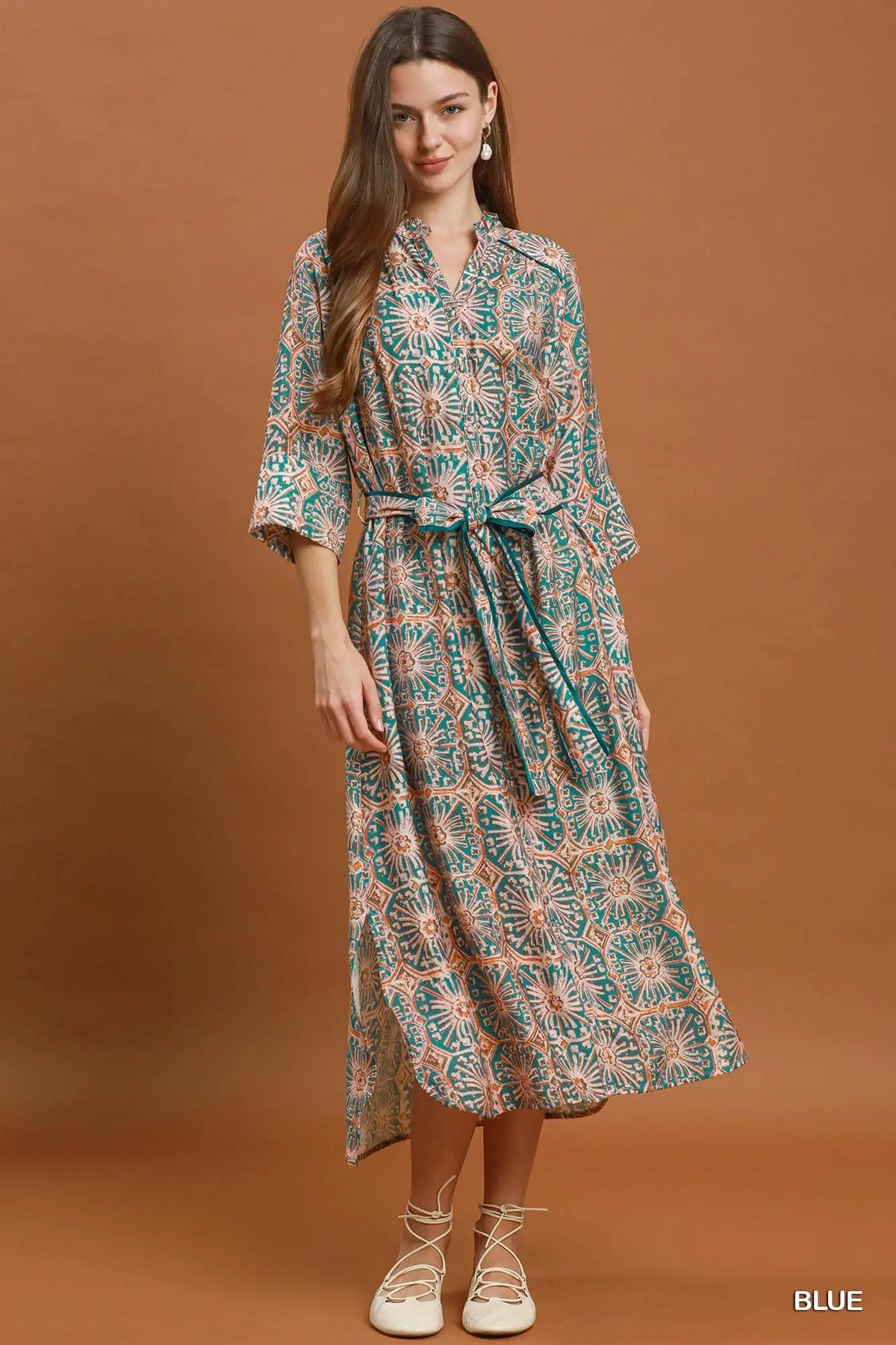 Abstract Pint Button-Front Tie Waist Midi Dress