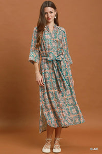 Abstract Pint Button-Front Tie Waist Midi Dress