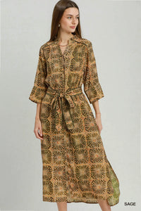 Abstract Pint Button-Front Tie Waist Midi Dress