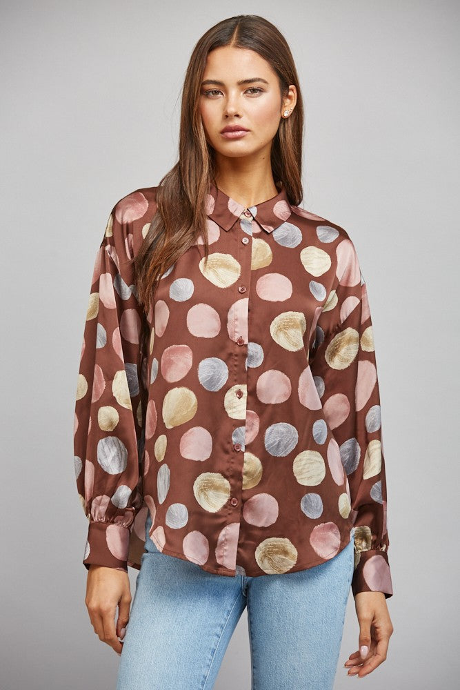 MULTICOLOR POLKA DOT PRINT SATIN BUTTON UP BLOUSE