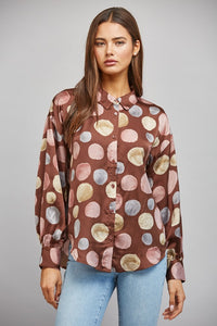 MULTICOLOR POLKA DOT PRINT SATIN BUTTON UP BLOUSE