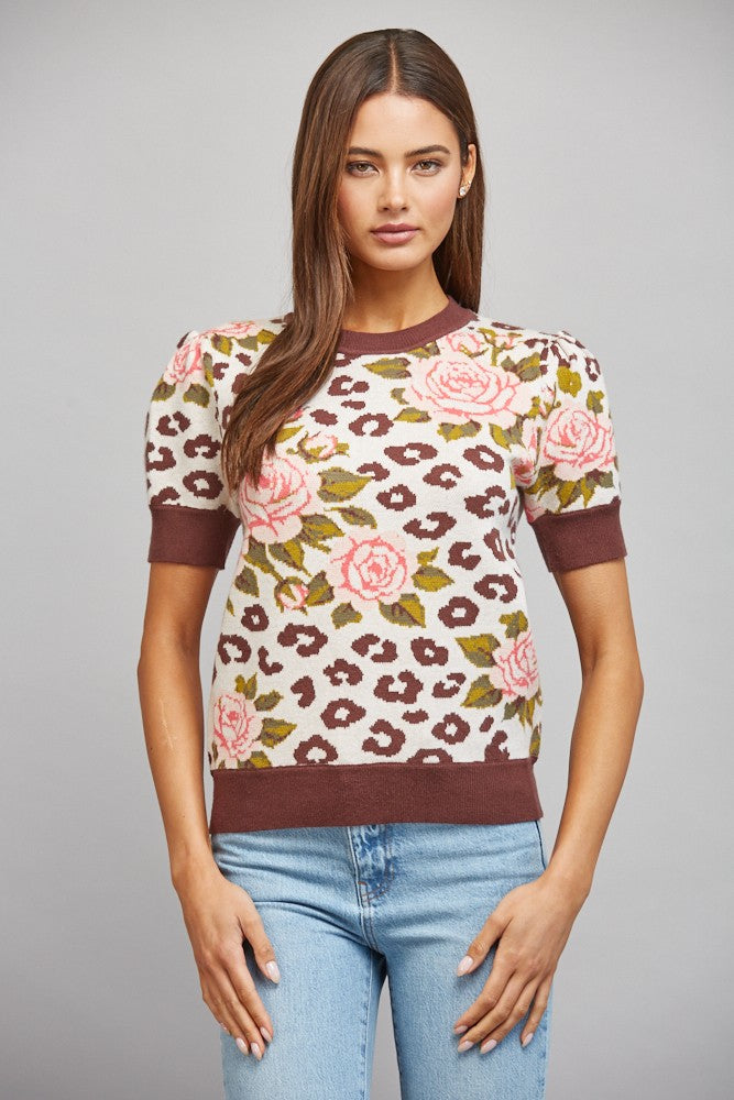 Blending Pattern Jacquard Knit Short Puff Slv Sweater