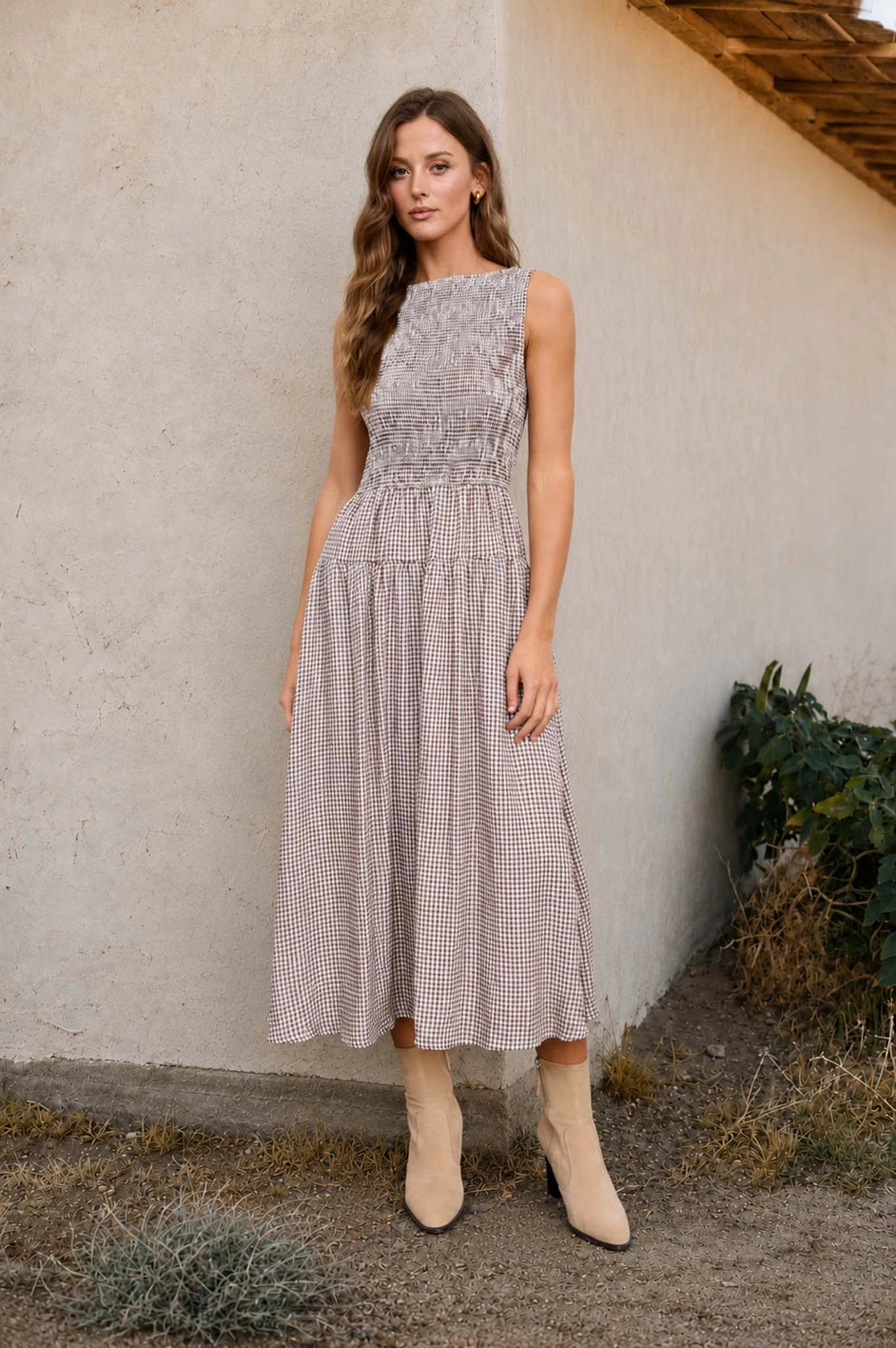 Smocked Gingham Tiered Sleeveless Midi Dress