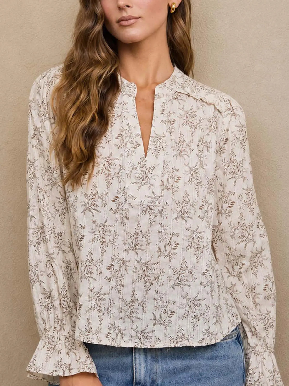 Floral Leaf Print Split Neck Long Sleeve Blouse