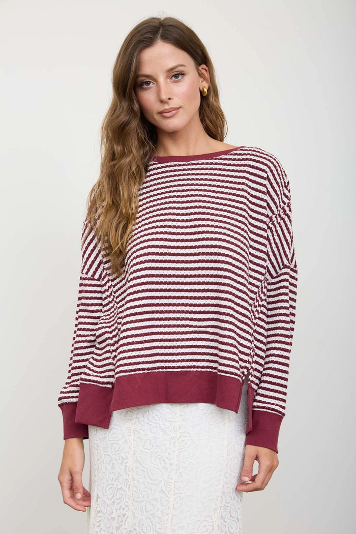 Stripe Exposed Seam Split Hem Long Sleeve Knit Top