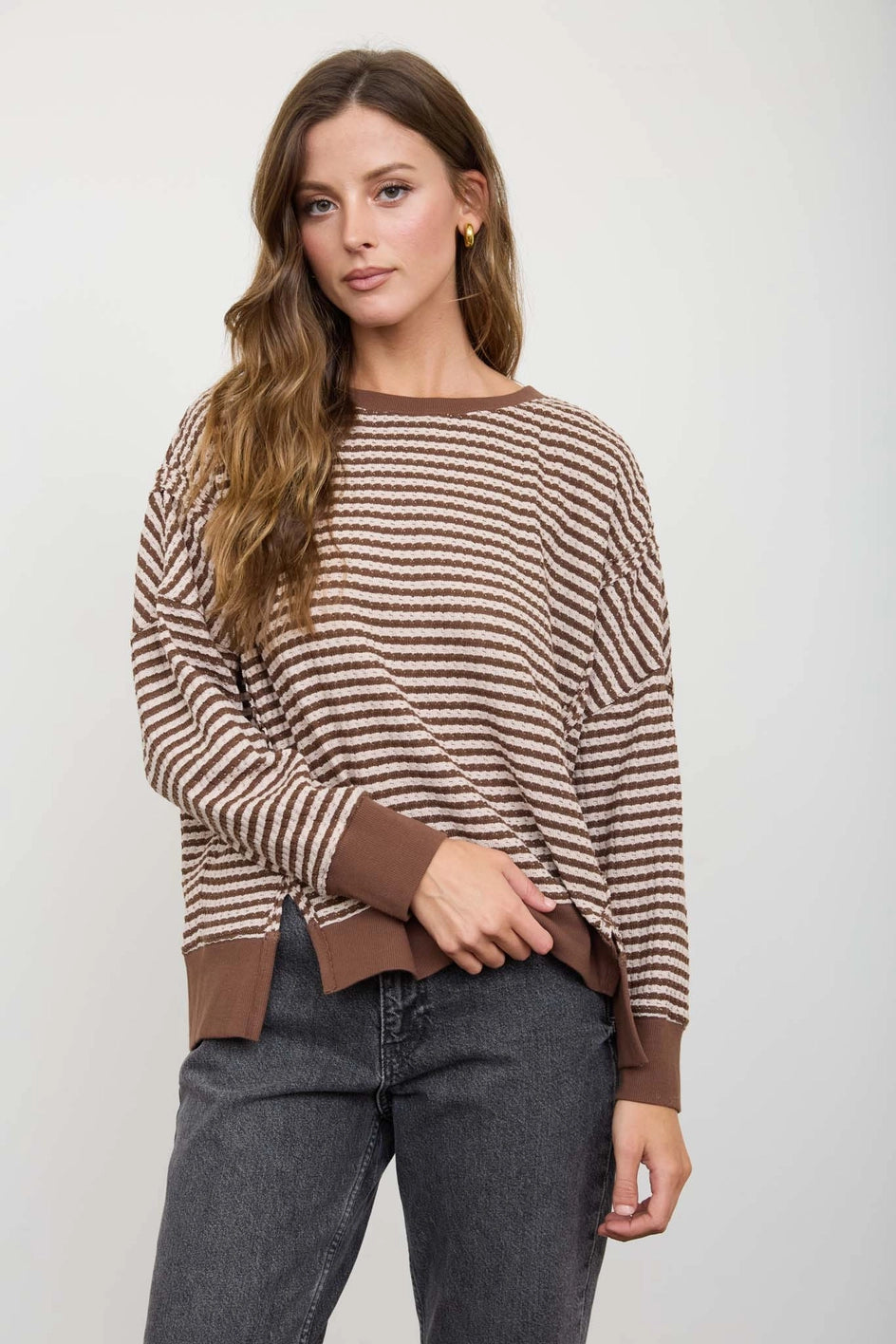 Stripe Exposed Seam Split Hem Long Sleeve Knit Top