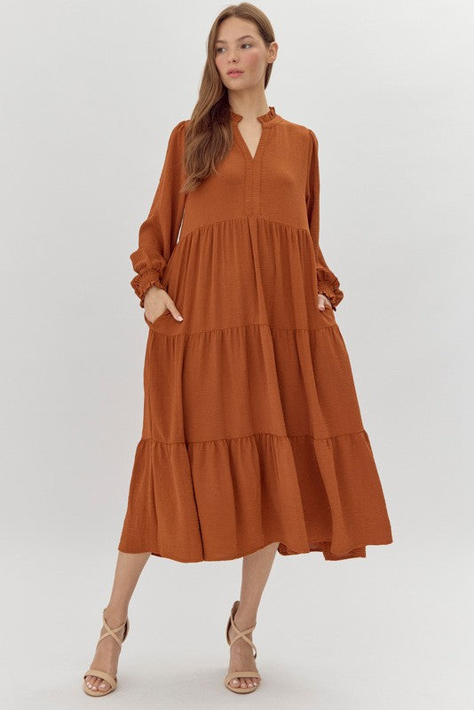 Solid Tiered Layer Midi Dress