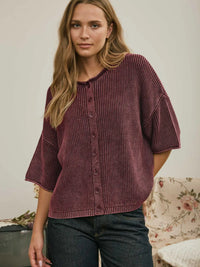 Washed Ribbed Short Sleeve Rolled Edge Cardigan