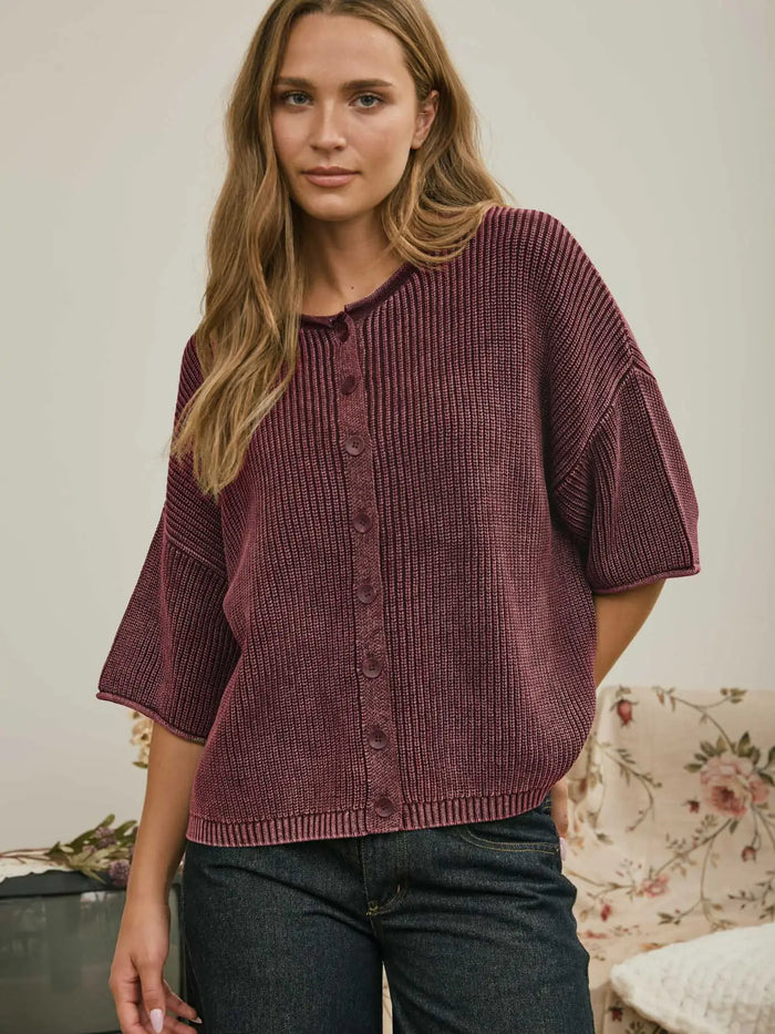 Washed Ribbed Short Sleeve Rolled Edge Cardigan