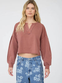 Notch Neck Boxy Long Sleeve Knit Crop Top