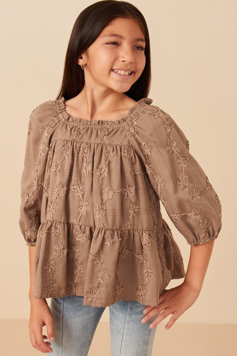 Girls Brushed Floral Puff Sleeve Square Neck Top