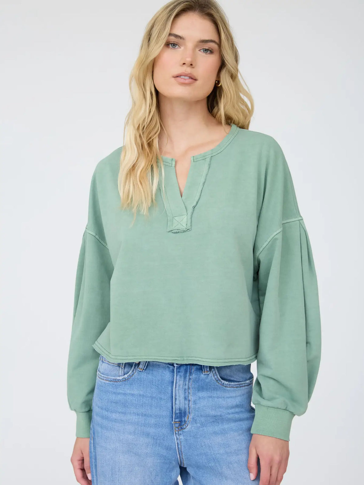 Notch Neck Boxy Long Sleeve Knit Crop Top