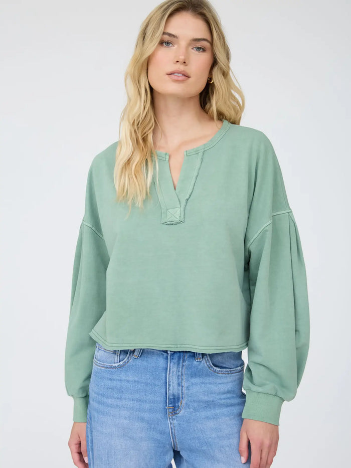 Notch Neck Boxy Long Sleeve Knit Crop Top