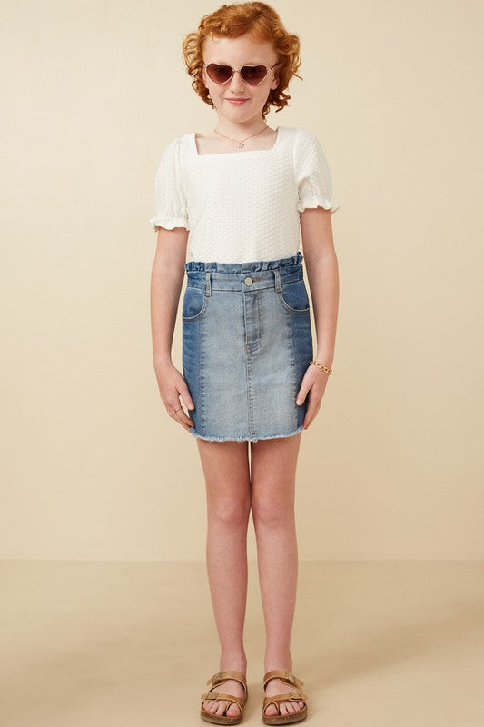 Girls Paperbag Waist Washed Panel Denim Skirt