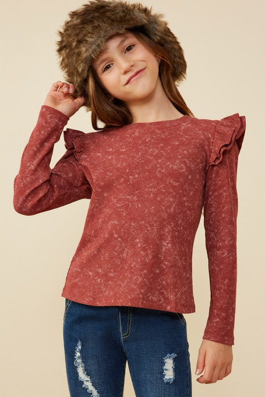 Girls Washed Ruffled Knit Top