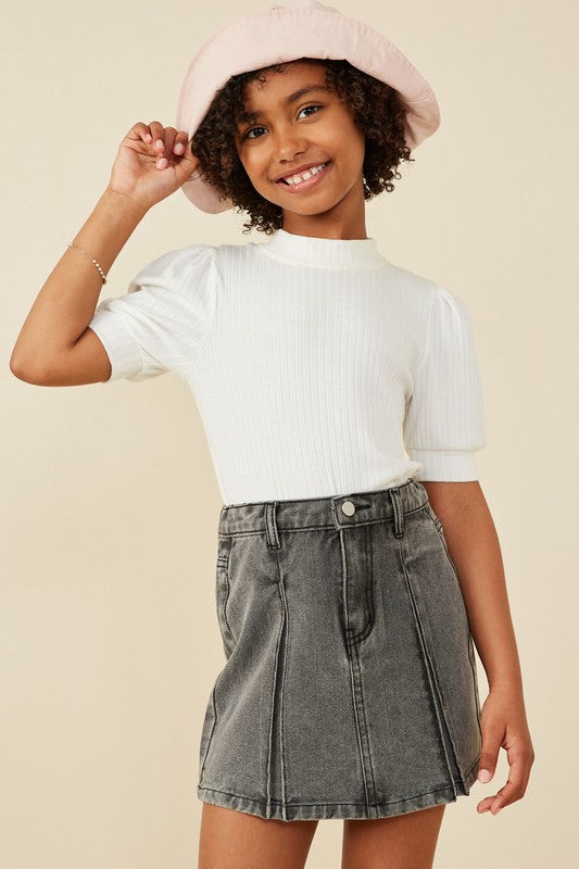 Girls Box Pleated Washed Denim Skirt