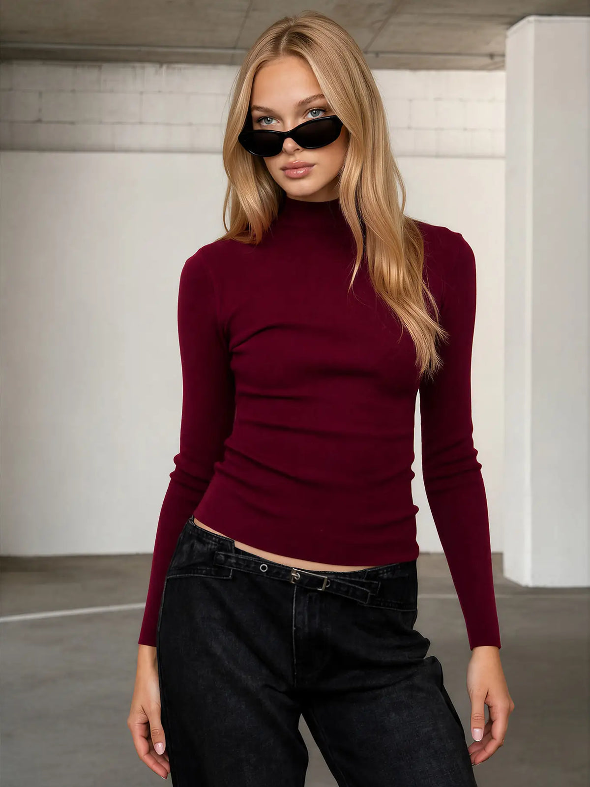 Mock Neck Long Sleeve Sweater Knit Top