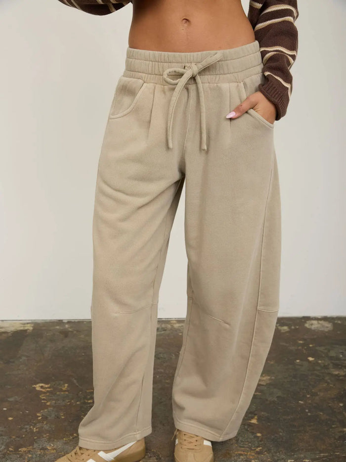 Smocked waist Drawstring waist Pockets Wide leg Barrel leg