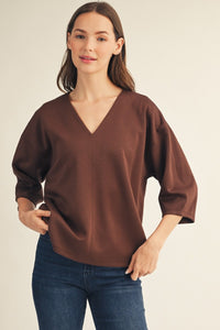 Drop shoulder 3/4 sleeves solid v neck top
