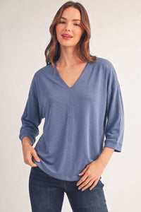 Drop shoulder 3/4 sleeves solid v neck top
