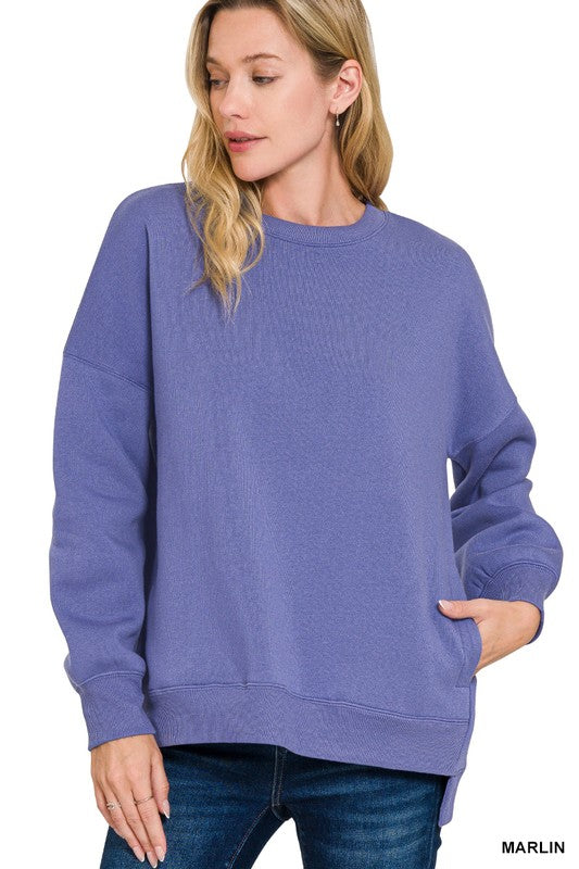 FLEECE HI-LOW BOYFRIEND SWEATSHIRTS WITH POCKETS