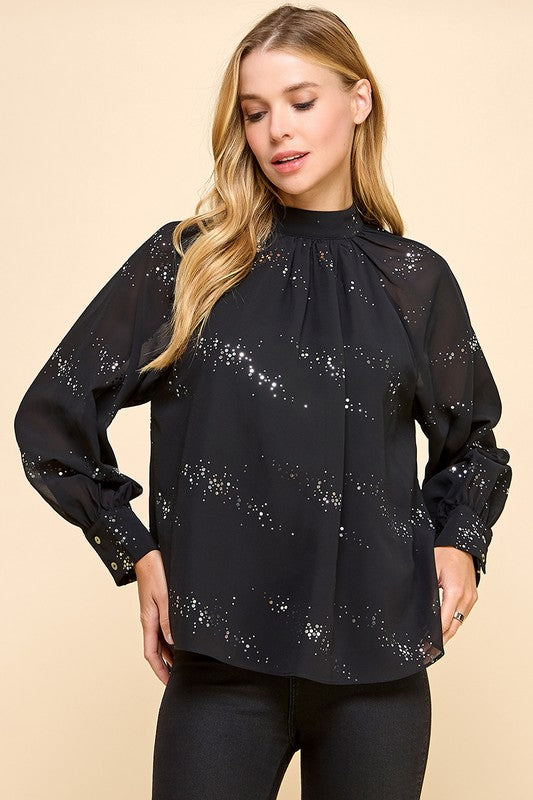 Glitter Woven Fabric Mock Neckline Blouse