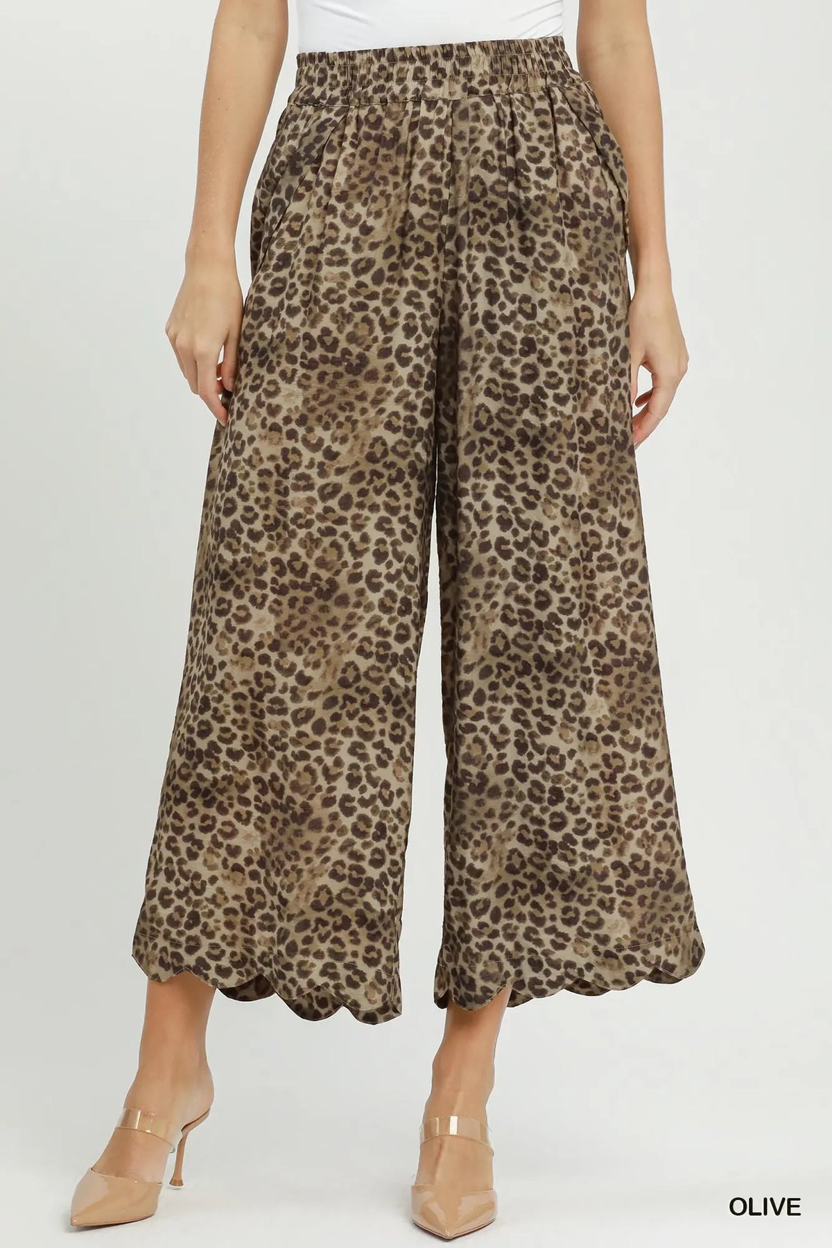 Leopard Print Scallop Hem Wide Leg Pants