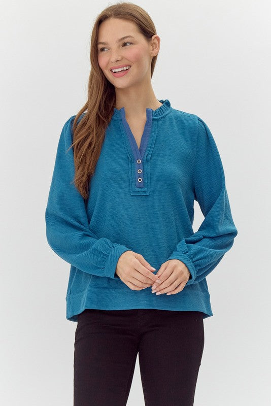 Ribbed Henley Neck Top