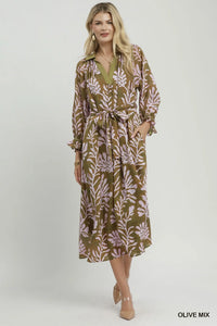 Mix Botanical Print Belted Midi Dress