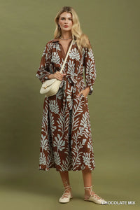 Mix Botanical Print Belted Midi Dress