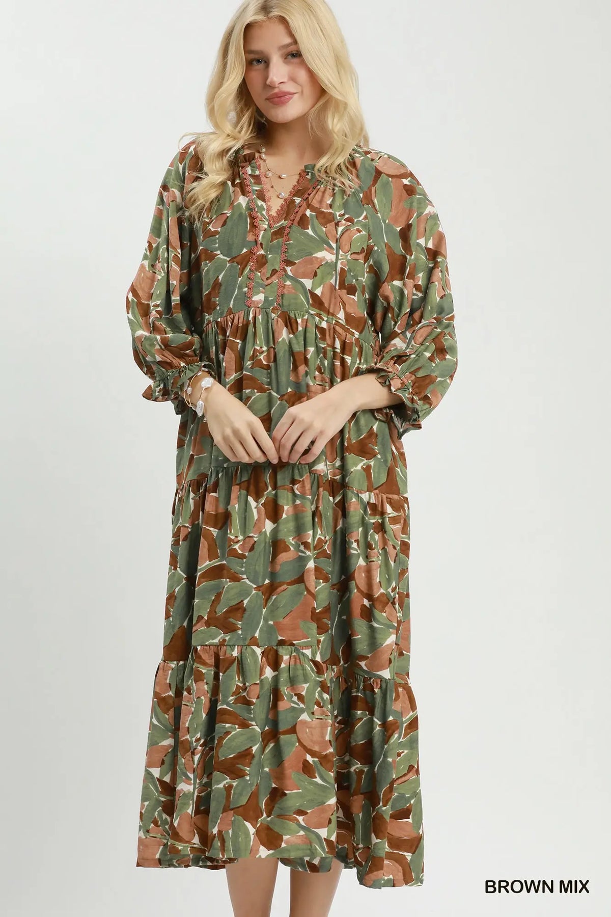 Mix Abstract Print Tiered Boho Midi Dress