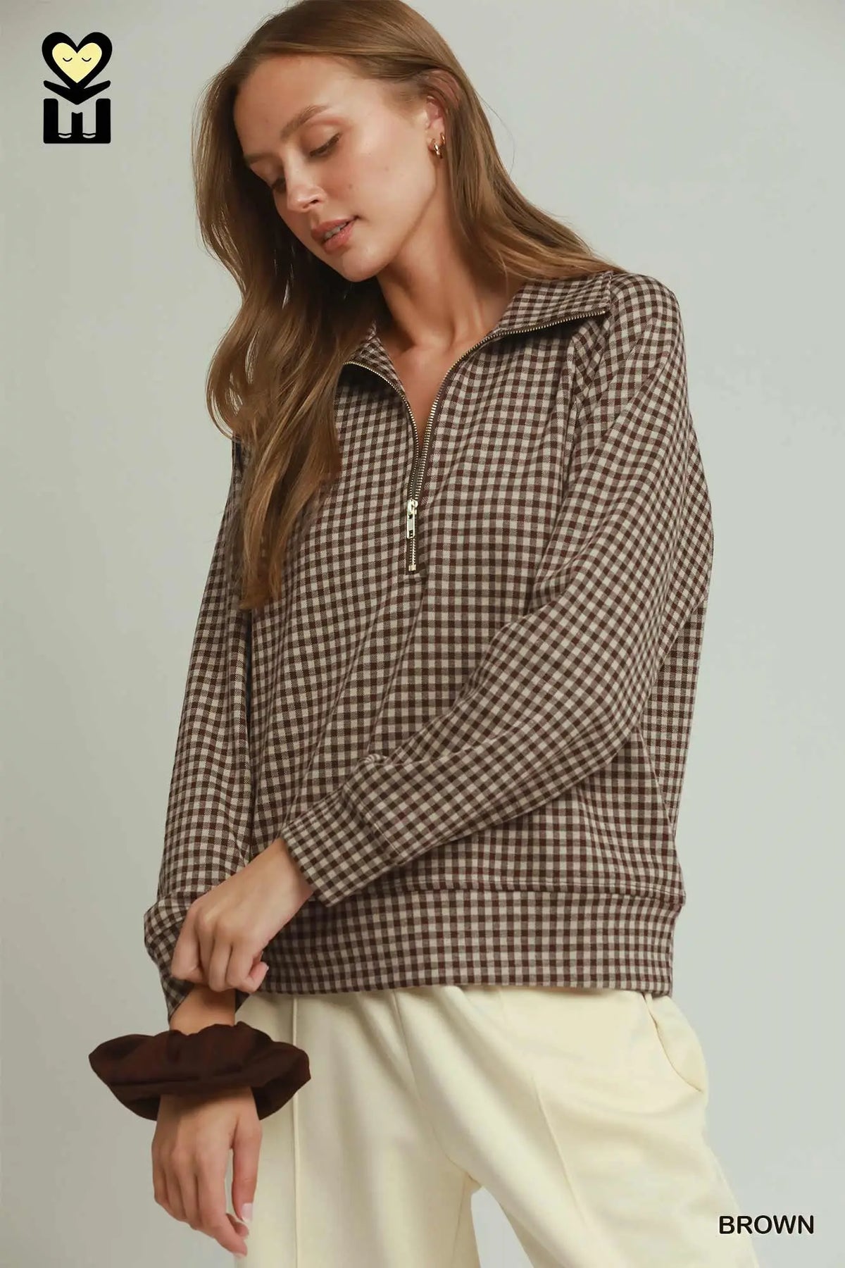 Gingham Half-Zip Long Sleeve Pullover
