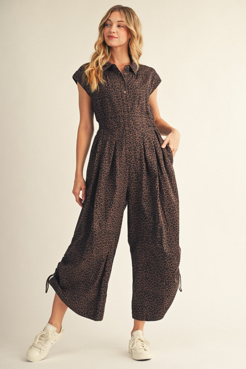 Drawstring Hemline Accent Wide Leg Leopard Jumpsuit