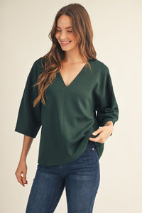 Drop shoulder 3/4 sleeves solid v neck top