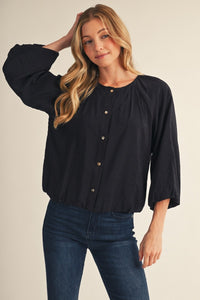 3/4 puff sleeves button down solid crinkle top.
