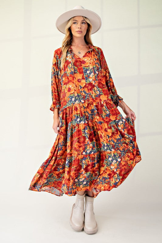 PRINTED RAYON GAUZE RUFFLE BOTTOM MAXI DRESS