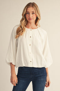 3/4 puff sleeves button down solid crinkle top.